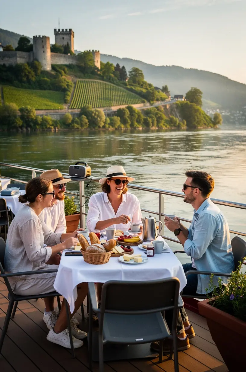 Gemütliche Rastplätze in ländlicher Umgebung entlang des Rheins, umgeben von Weinbergen und Feldern.