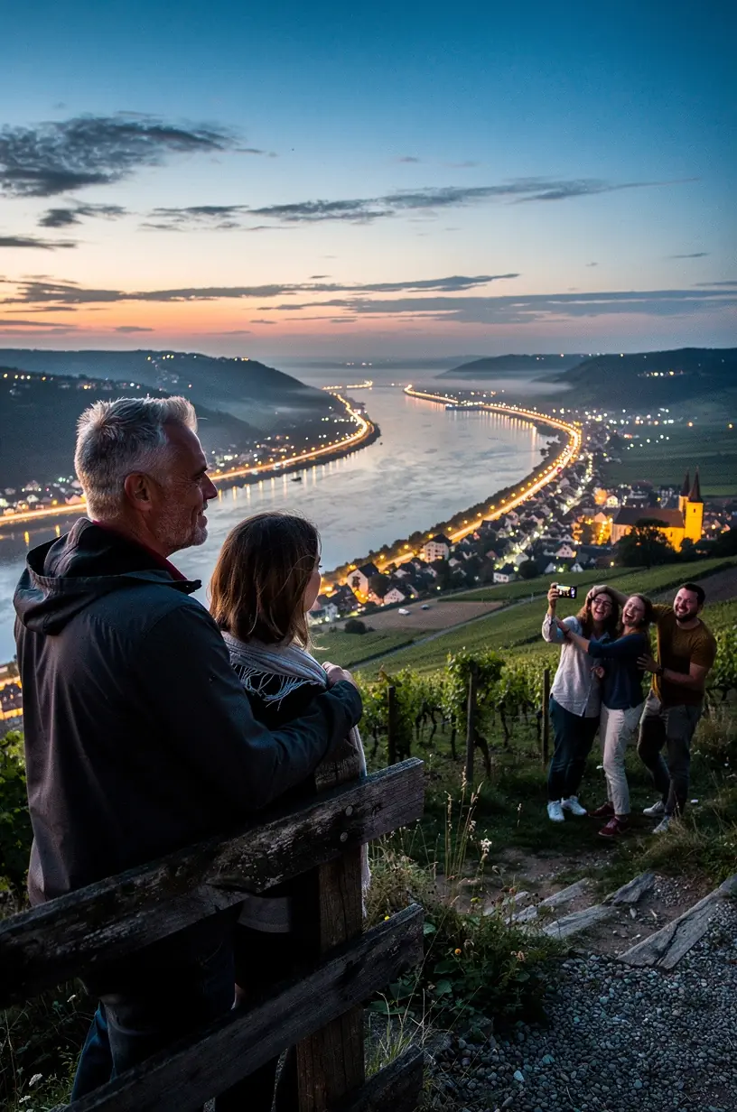 Ausblick auf ein kleines Weindorf mit Bootsverkehr auf dem Rhein und sanften Hügeln im Hintergrund.