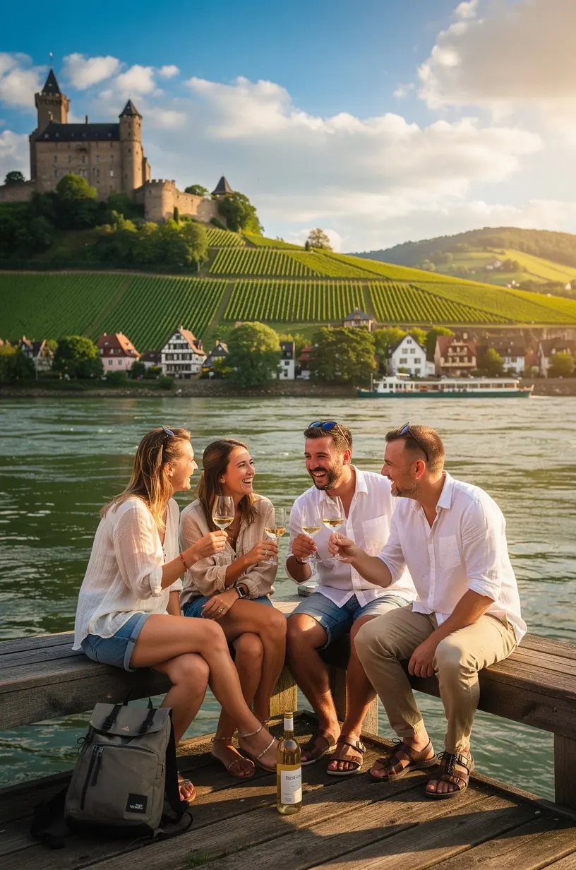 Charmante Fachwerkhäuser in einem idyllischen Weinort am Rhein mit Blick auf den Fluss.