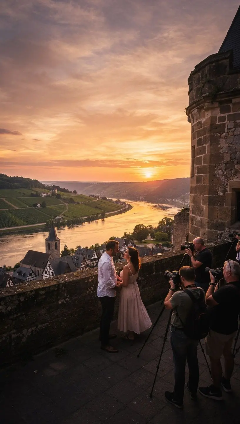 Beeindruckende mittelalterliche Burganlage auf einem Hügel über dem Rhein mit umliegender Natur.