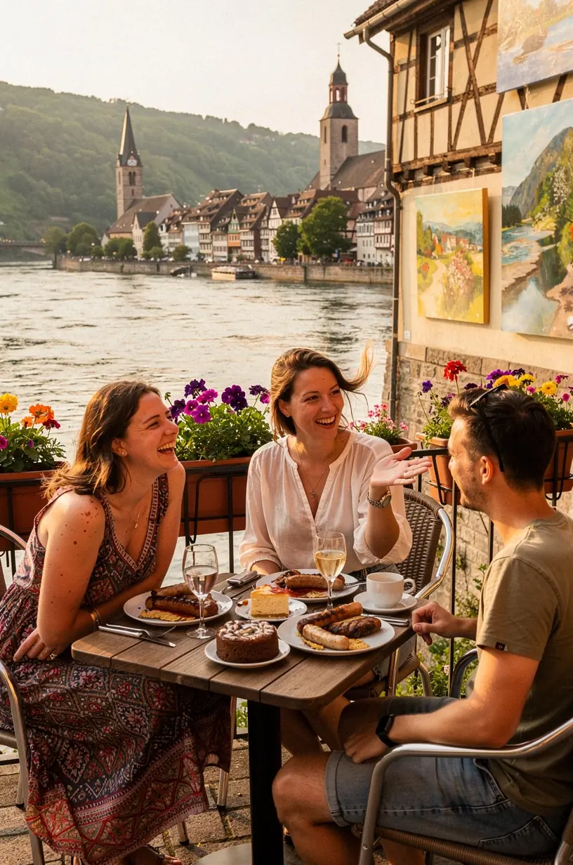 Weitreichende Aussicht von einem Aussichtspunkt auf das Rheintal, Flusswindungen und grüne Täler.